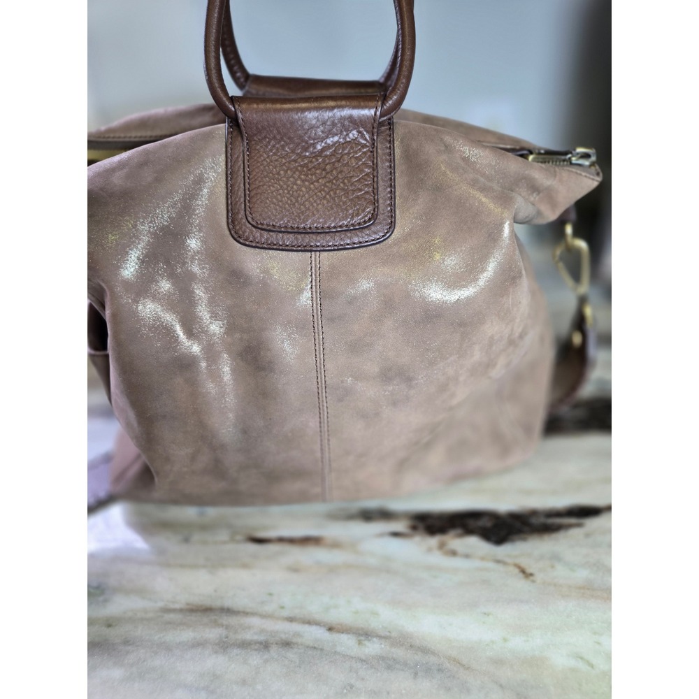 HOBO Taupe Metallic Leather Fringe Satchel Crossbody Velvet Hide Leather Western - Picture 7 of 16